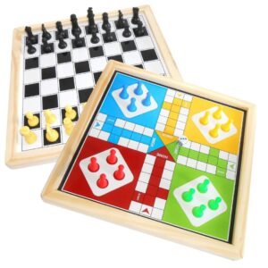 Magnetic 2-in-1 Wooden Chess and Ludo Board Game - Premium Travel-Friendly Game Set for Kids & Family - Durable Wooden Board with Bright Colors