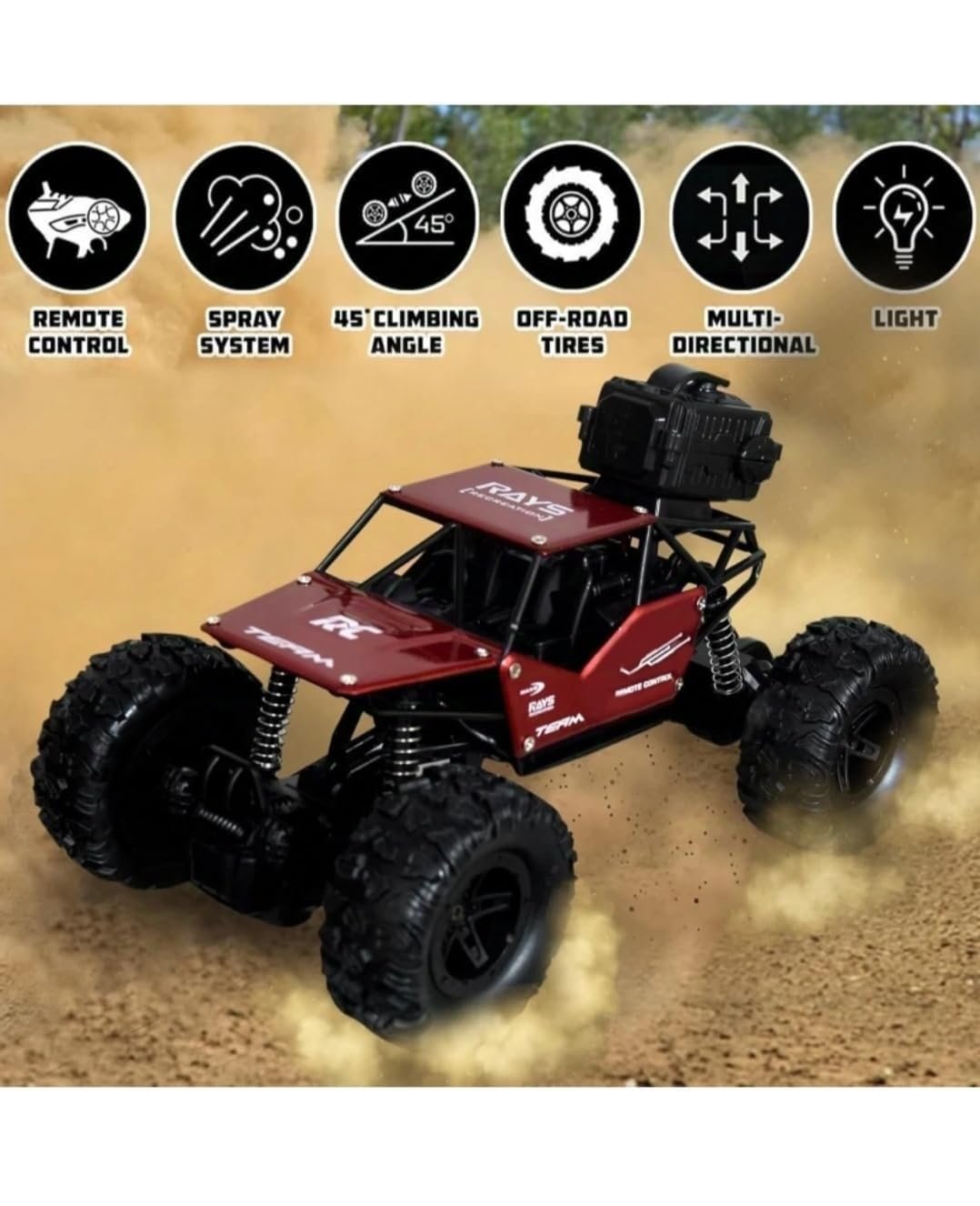 Rock Crawler Car with Smoke Offroader 2Wd Rc Car High Speed | 5 Functions 1:18 RC Car with Smoke Fog | Styled Climbing Monster Truck | Rechargeable Remote Control Car for Kids - Image 3